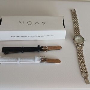 Avon Ladies Silver-Tone Watch with Black and White Bands New